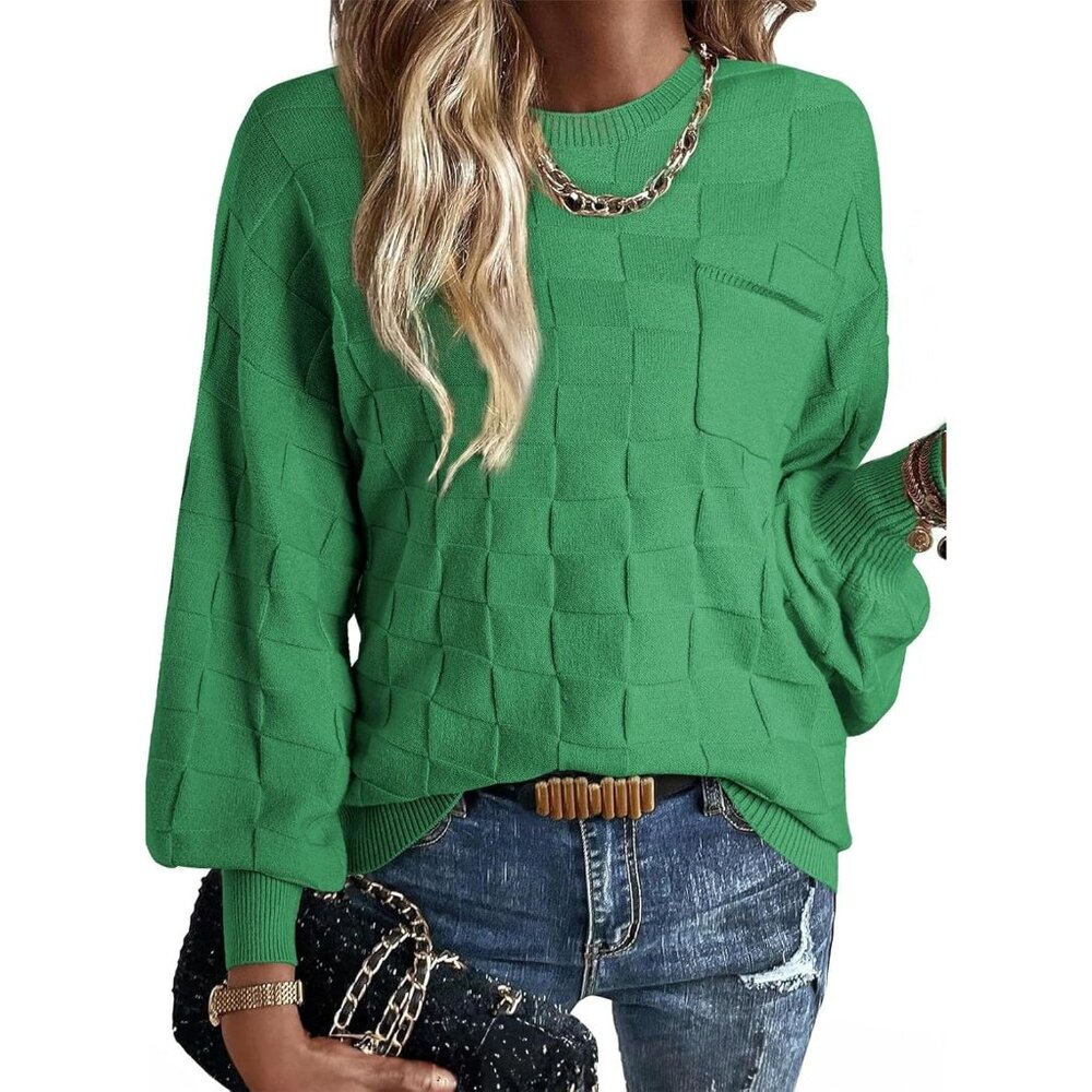 Women's Casual Crewneck Long Sleeve Lightweight Checkered Knit Pullover Sweater